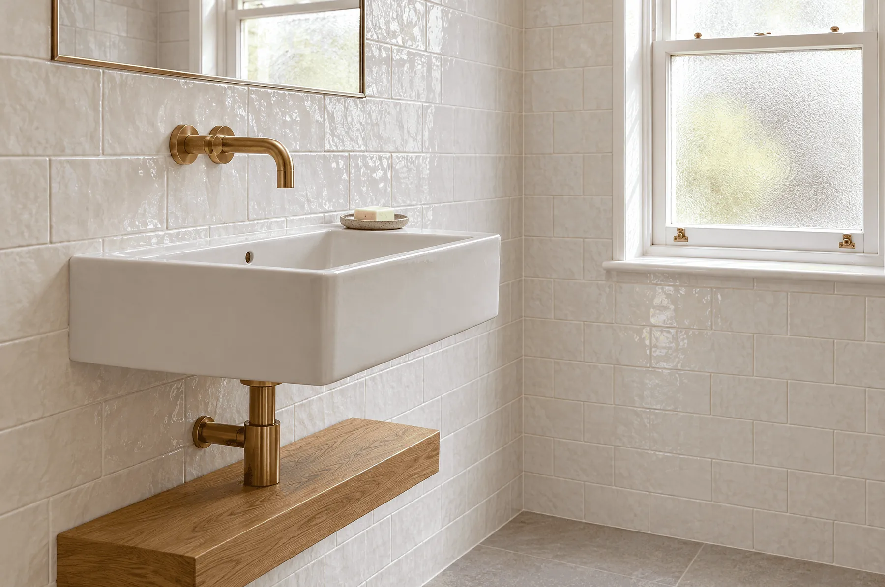 Wall-hung basin on an oak shelf in the Station Road wet room