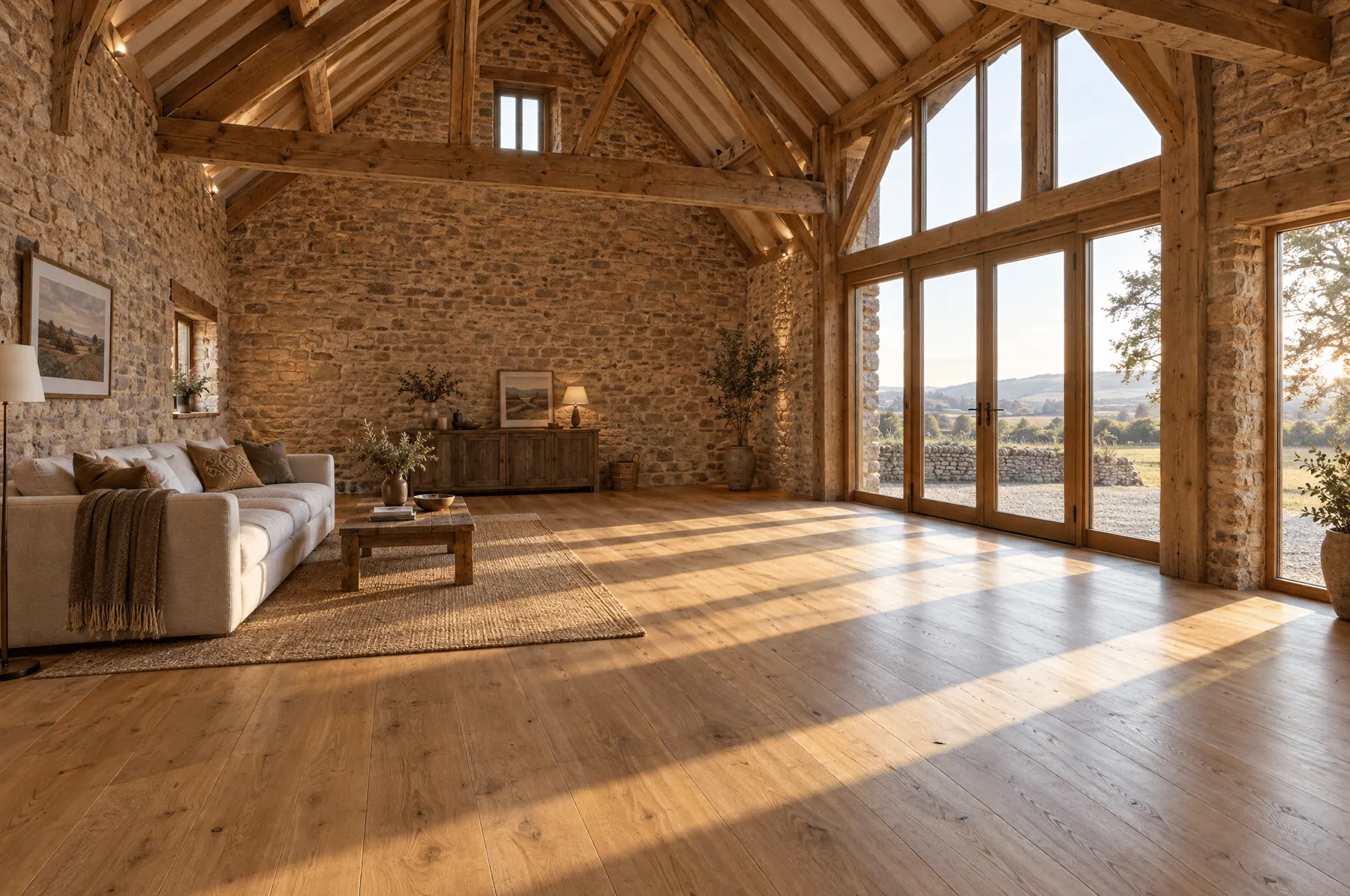 Wide oak floor laid in a converted barn at Kettle End