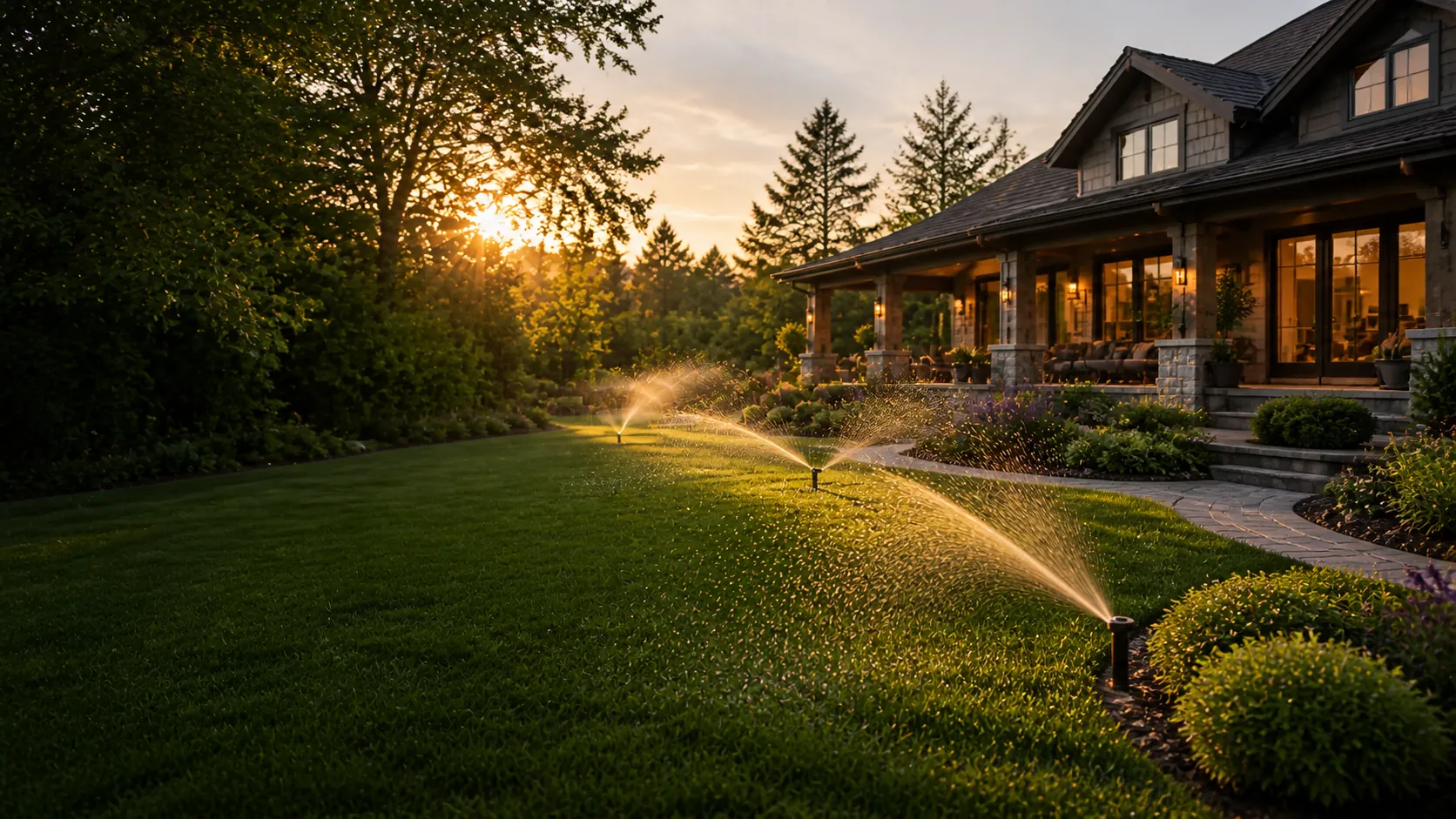 Sprinklers watering a deep green lawn in front of a house at dusk