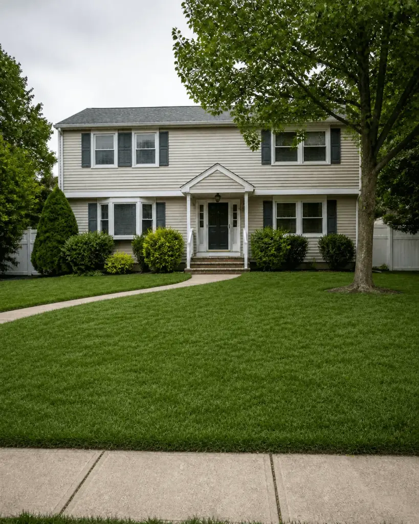 The lawn after: thick and green in front of a white house