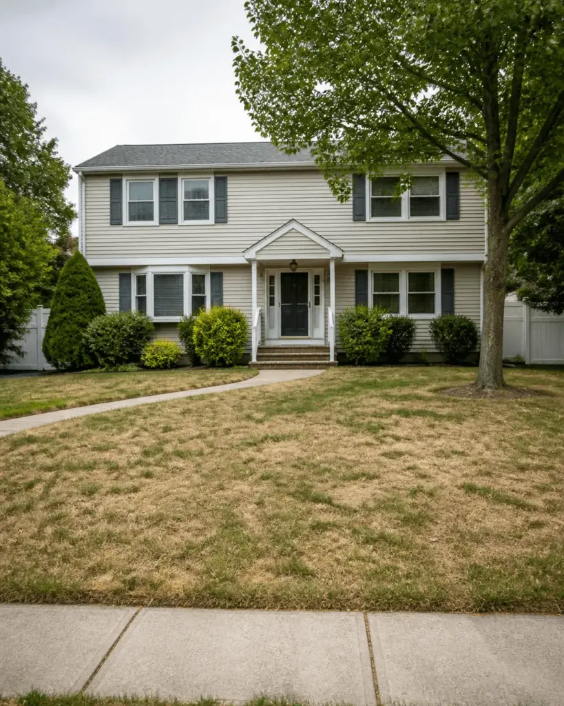 The lawn before: dry and patchy in front of the same house