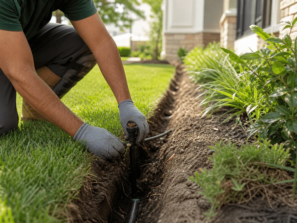 A technician laying irrigation line in a narrow trench beside a lawn