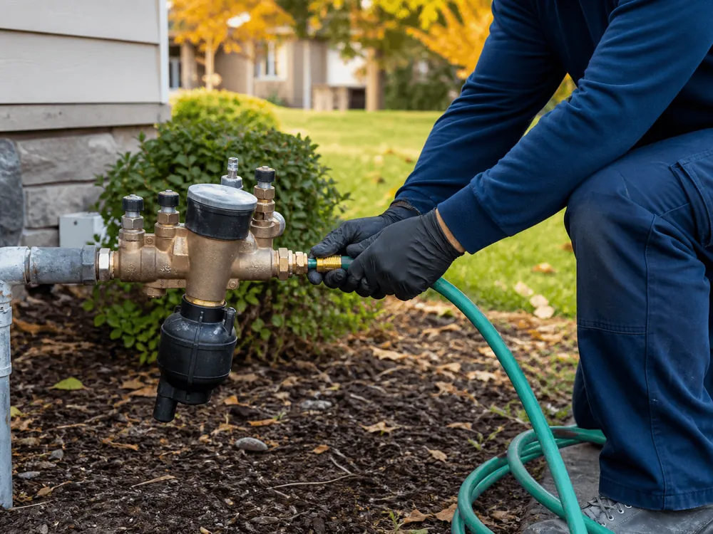 A technician connecting a hose to a backflow valve to winterize a system