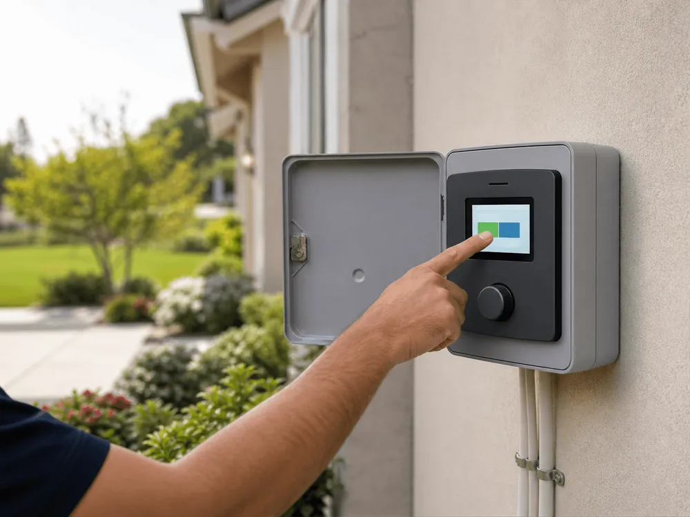 A hand setting a smart irrigation controller on a house wall
