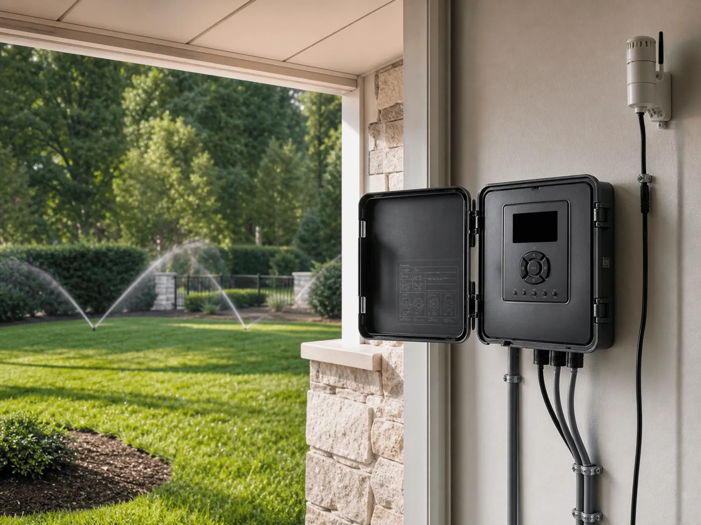 A smart irrigation controller on a porch wall, sprinklers running on the lawn beyond