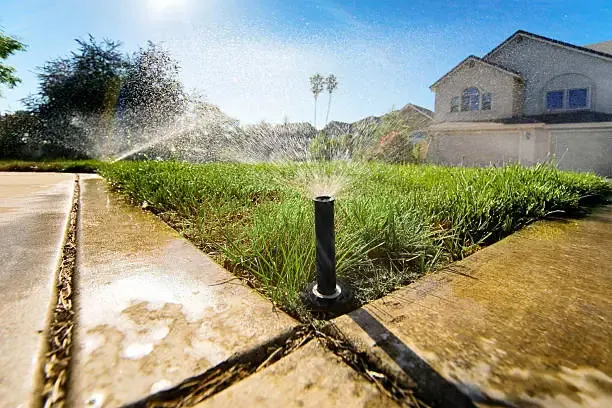 Pop-up sprinklers watering a planted bed along a driveway