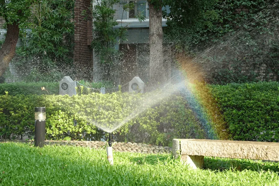 Sprinklers covering a lawn beside a hedge, a rainbow in the spray