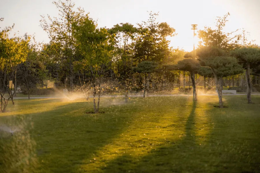 Sprinklers misting a tree-lined lawn at sunrise