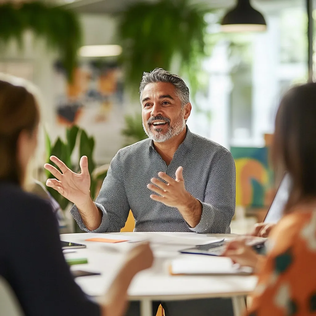 A lawyer talking with clients around a table