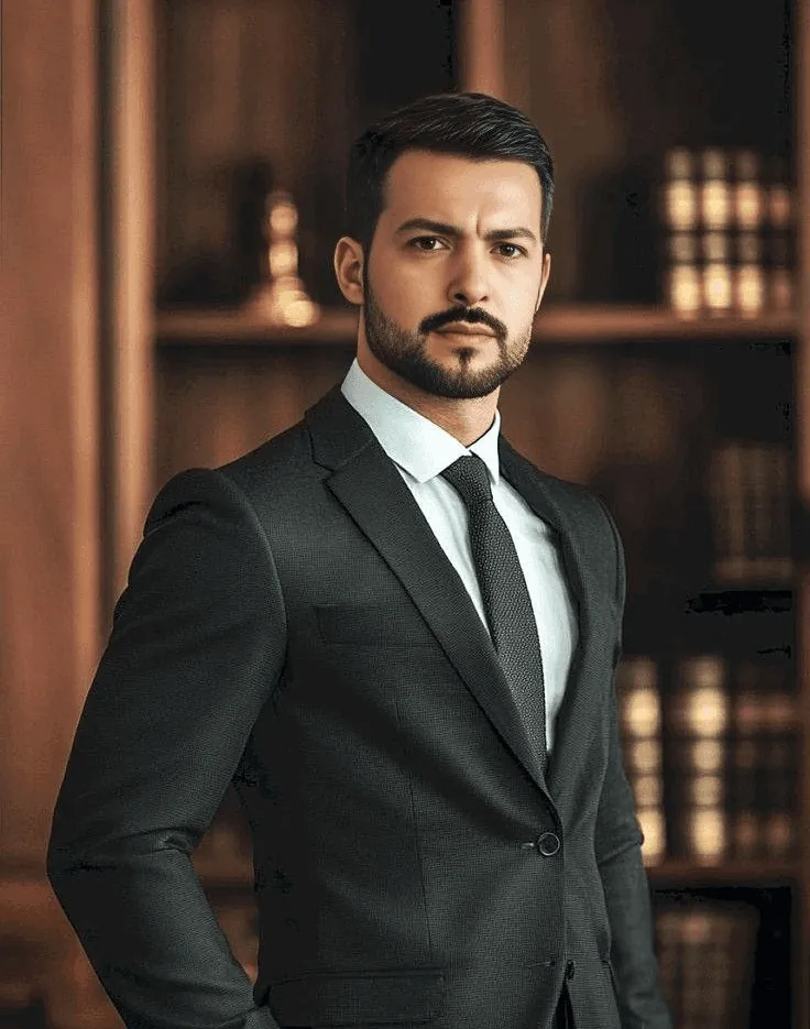 An attorney in a dark suit in a wood-panelled office