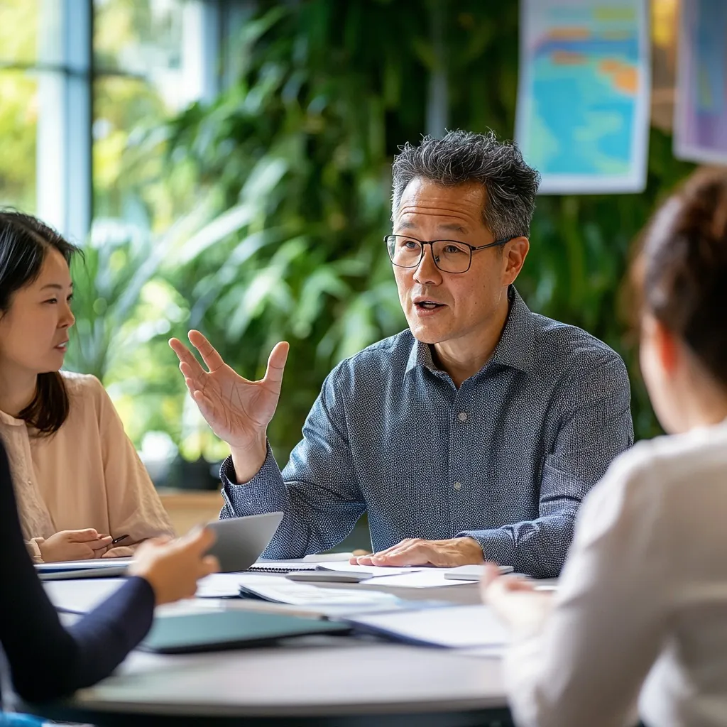 A senior lawyer explaining a case at a meeting