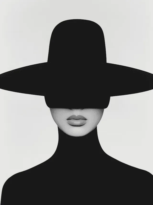 A woman in a wide black hat, in black and white