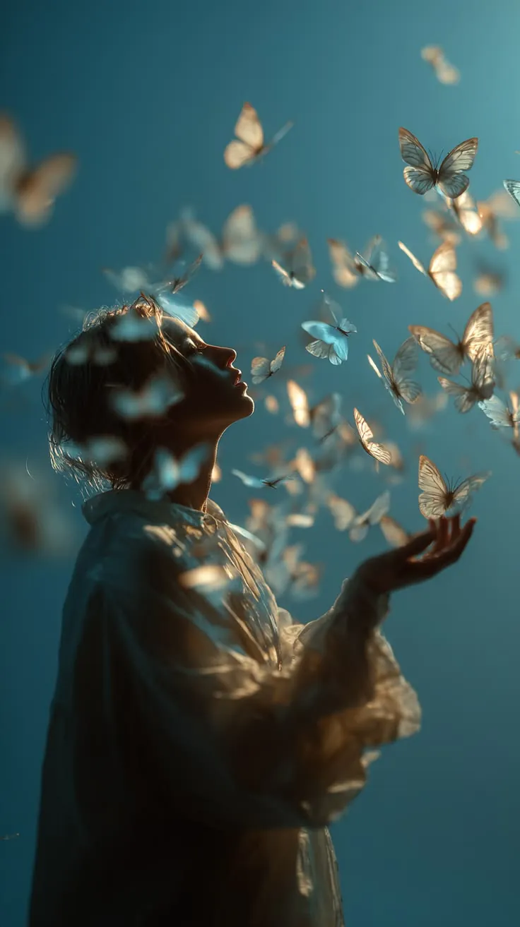 A woman among floating petals in blue light