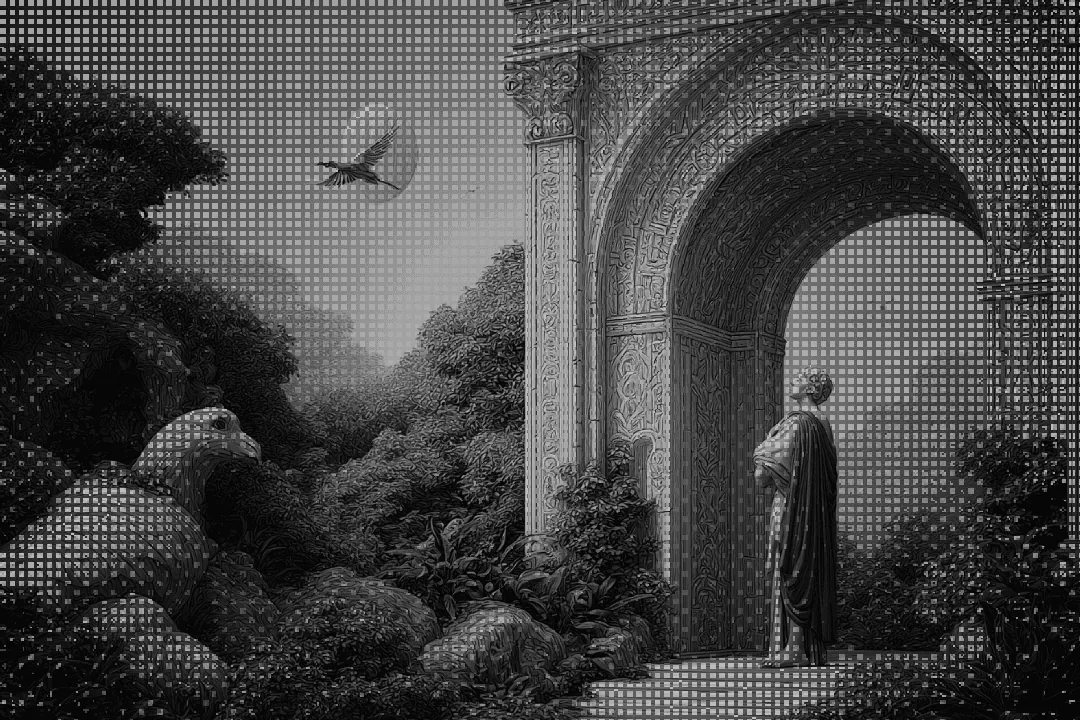 A statue under a carved stone arch, in halftone