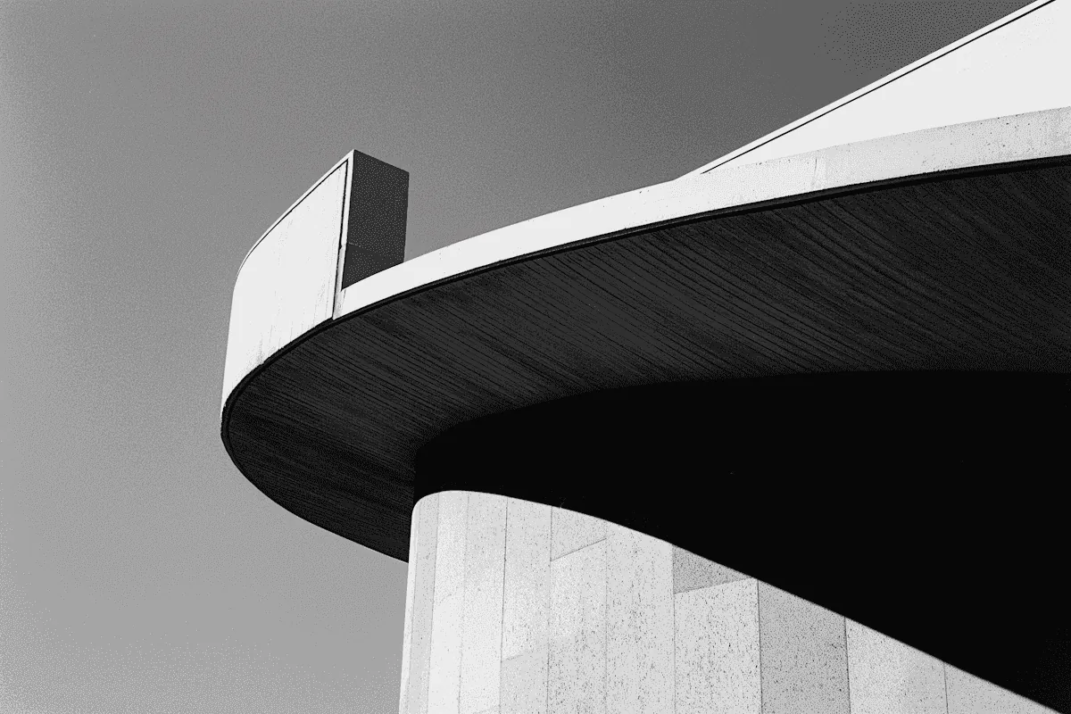 The underside of a curved concrete building