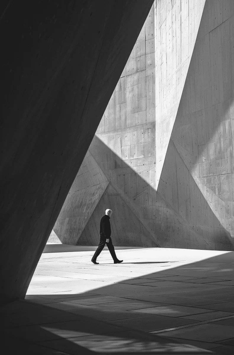 A man walking between angled concrete walls
