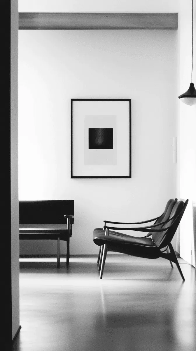 A framed print above a bench and a lounge chair