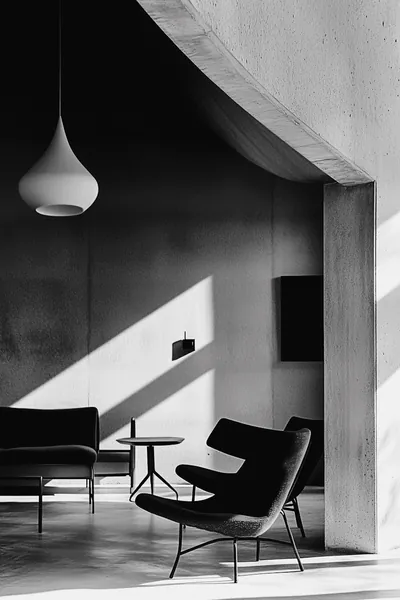 A pendant lamp over a dark armchair