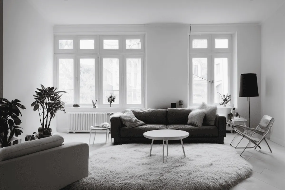 A living room with a long sofa under tall windows