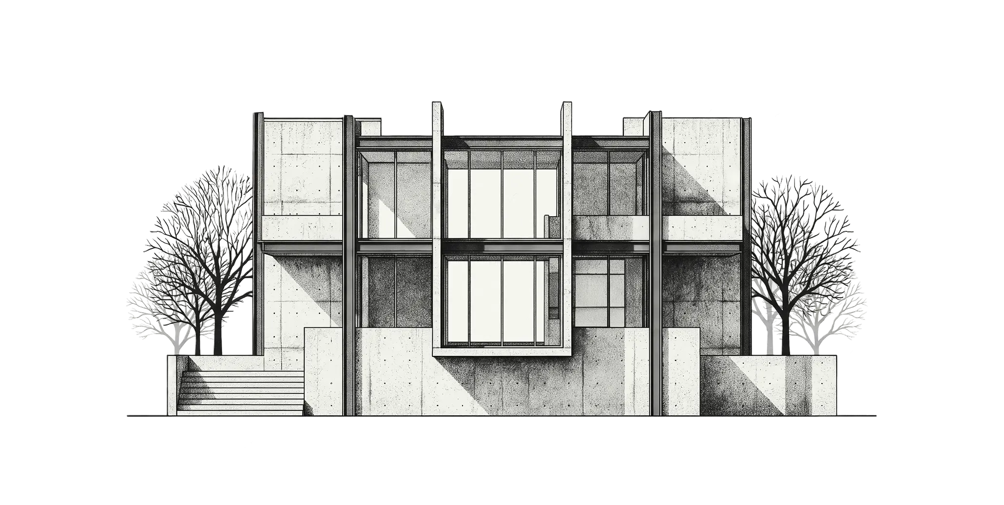 Pencil drawing of a modern concrete house between two bare trees