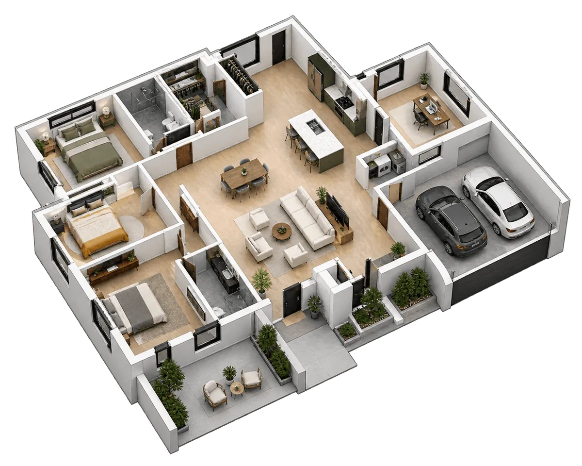 Meridian House: a cut-away 3D floor plan, view 1 of 3