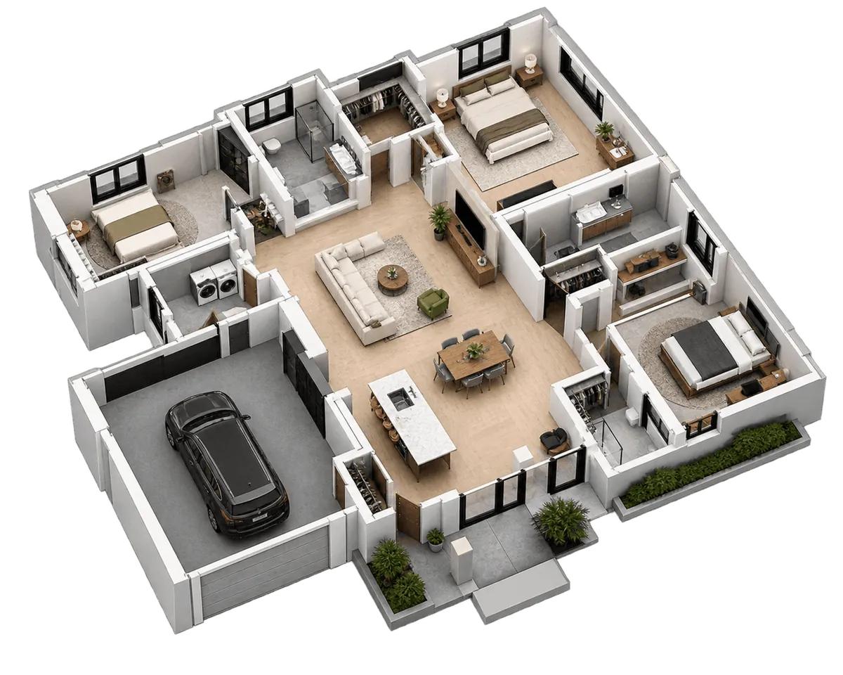 Pine Haven: a cut-away 3D floor plan, view 1 of 3