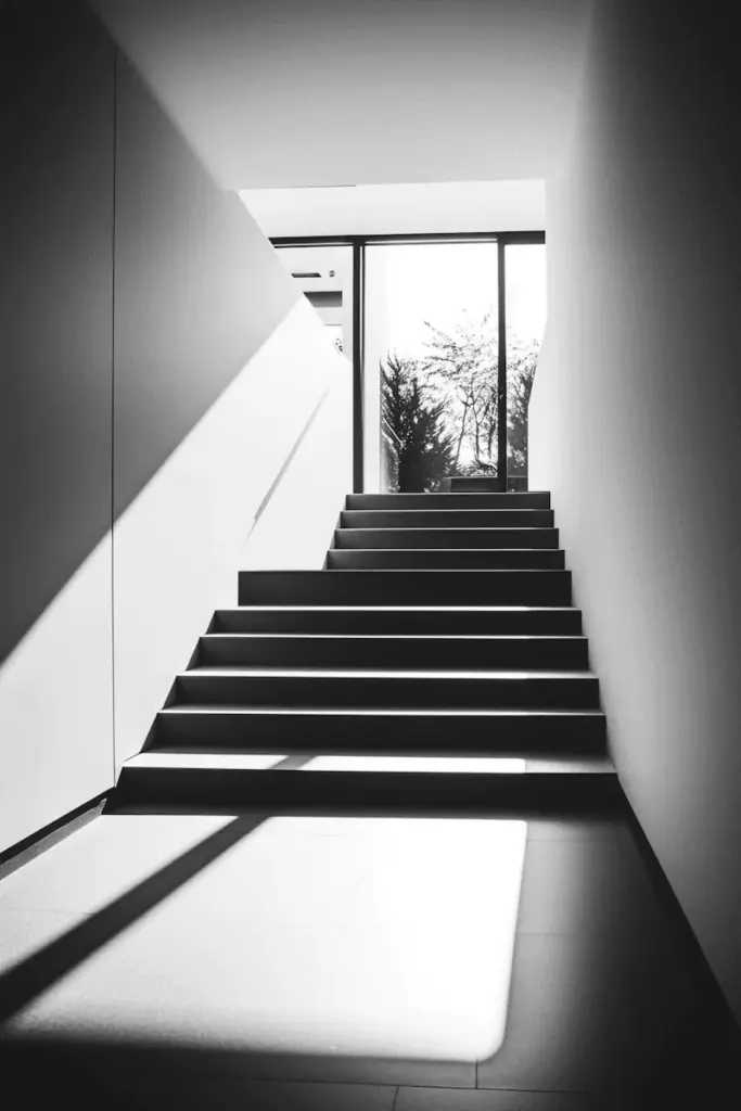 Concrete stairs rising toward a skylight