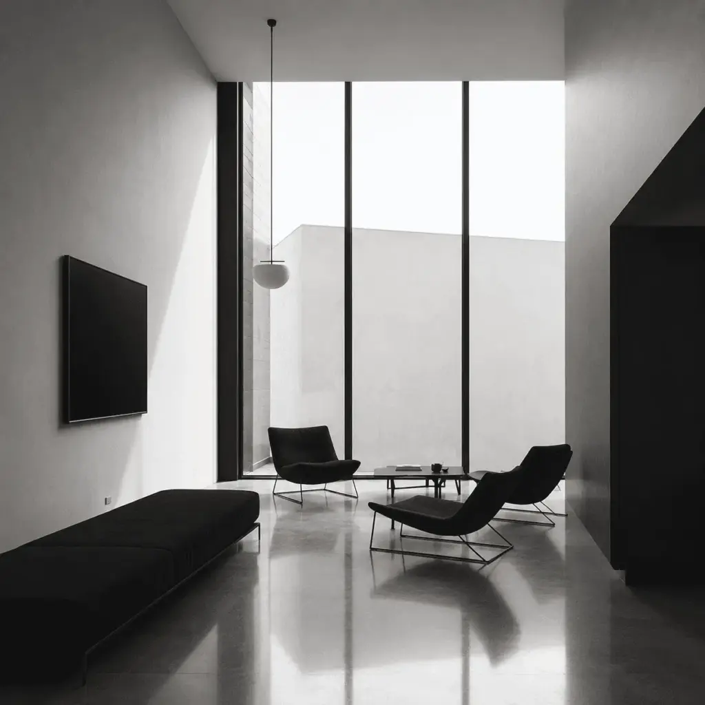 A living room with black lounge chairs and floor-to-ceiling windows