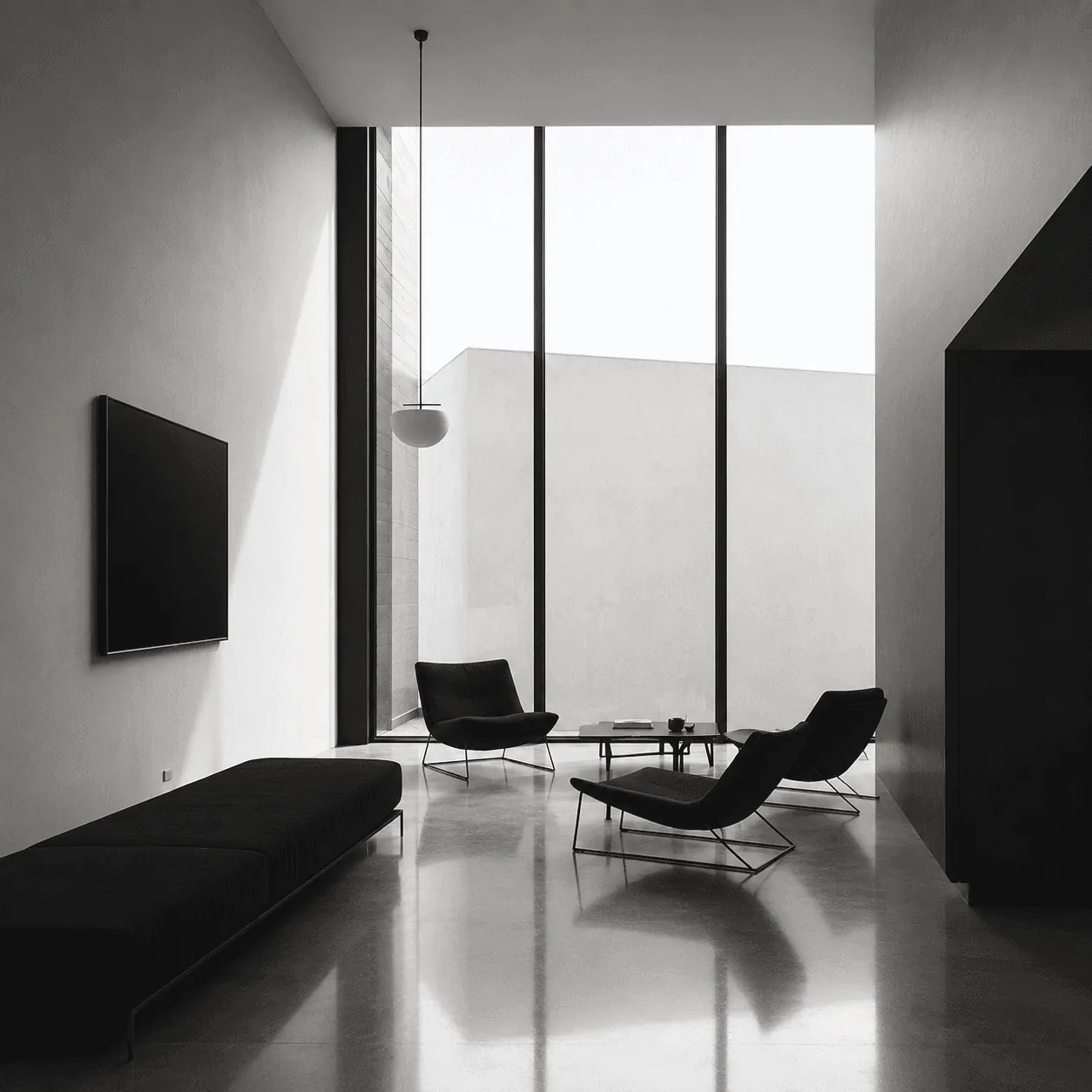 A living room with black lounge chairs and floor-to-ceiling windows