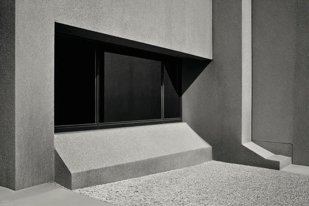 A concrete facade with a deep window and a sloped base