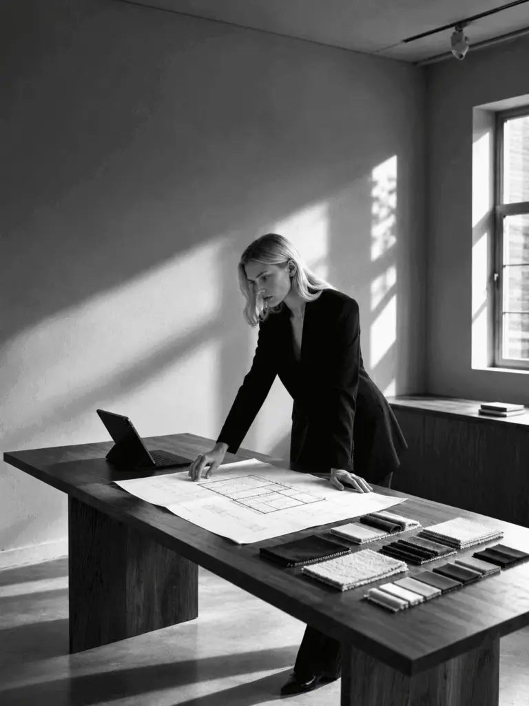 An architect leaning over drawings at a desk by the window
