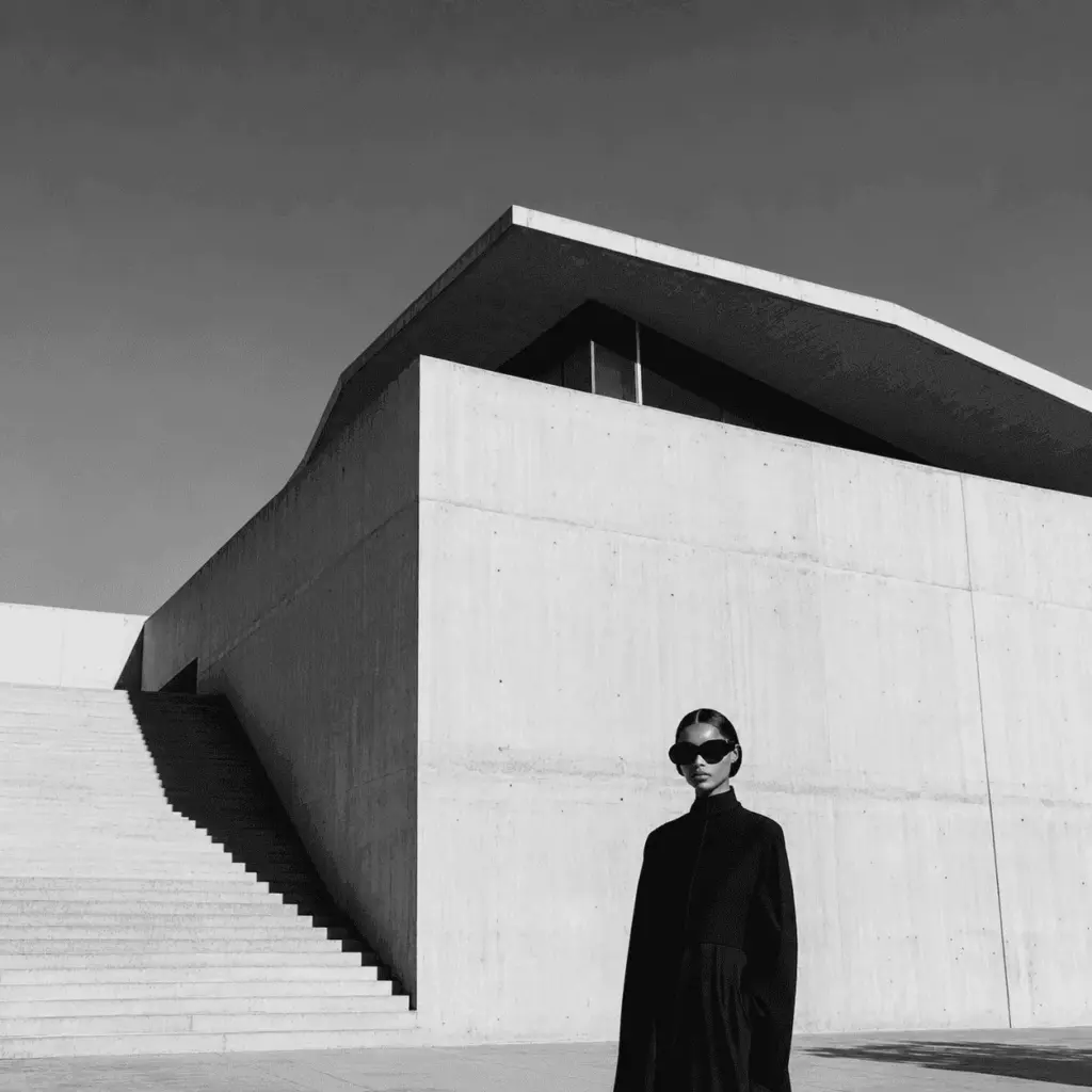 A woman in sunglasses beside a white concrete wall