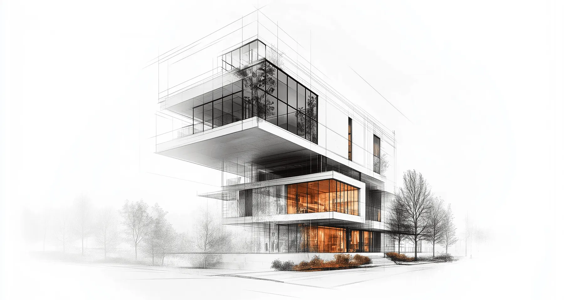 Sky Bloom: a cantilevered glass house, half drawing, half render