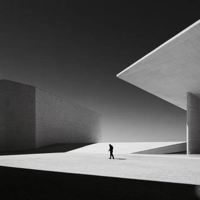 A lone figure under a cantilevered concrete roof