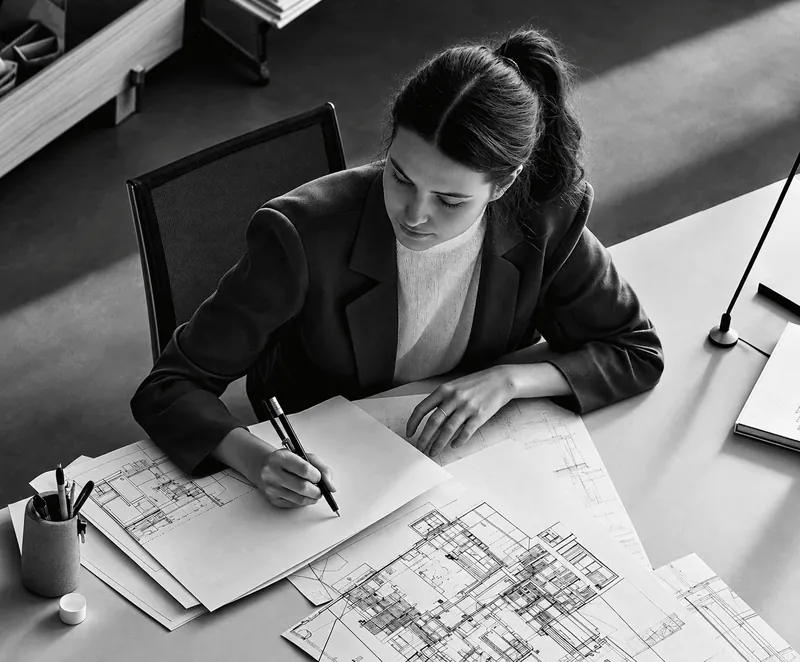 An architect marking up drawings at a desk