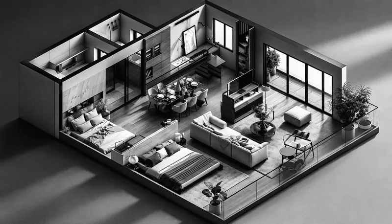 A cut-away 3D model of a furnished apartment