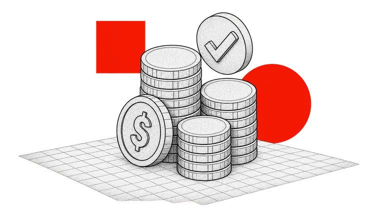 Drawing of stacked coins beside a checked badge