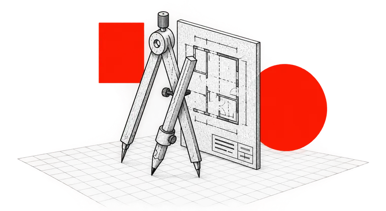Drawing of a plan, a compass and a pencil