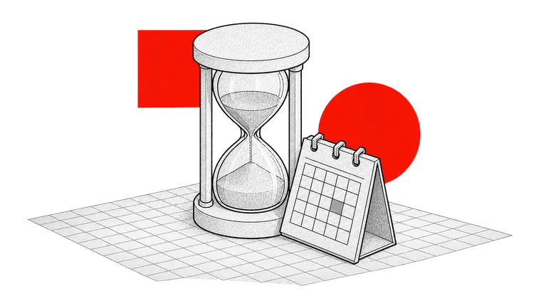 Drawing of an hourglass beside a calendar