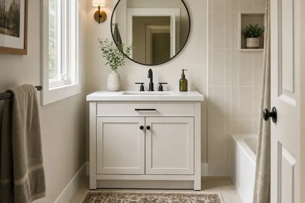 A refreshed bathroom vanity with a new black faucet and fresh caulk
