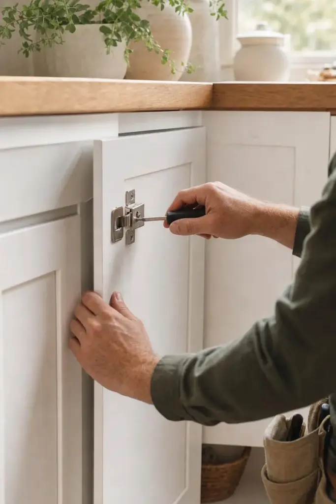 Tightening a cabinet hinge with a screwdriver
