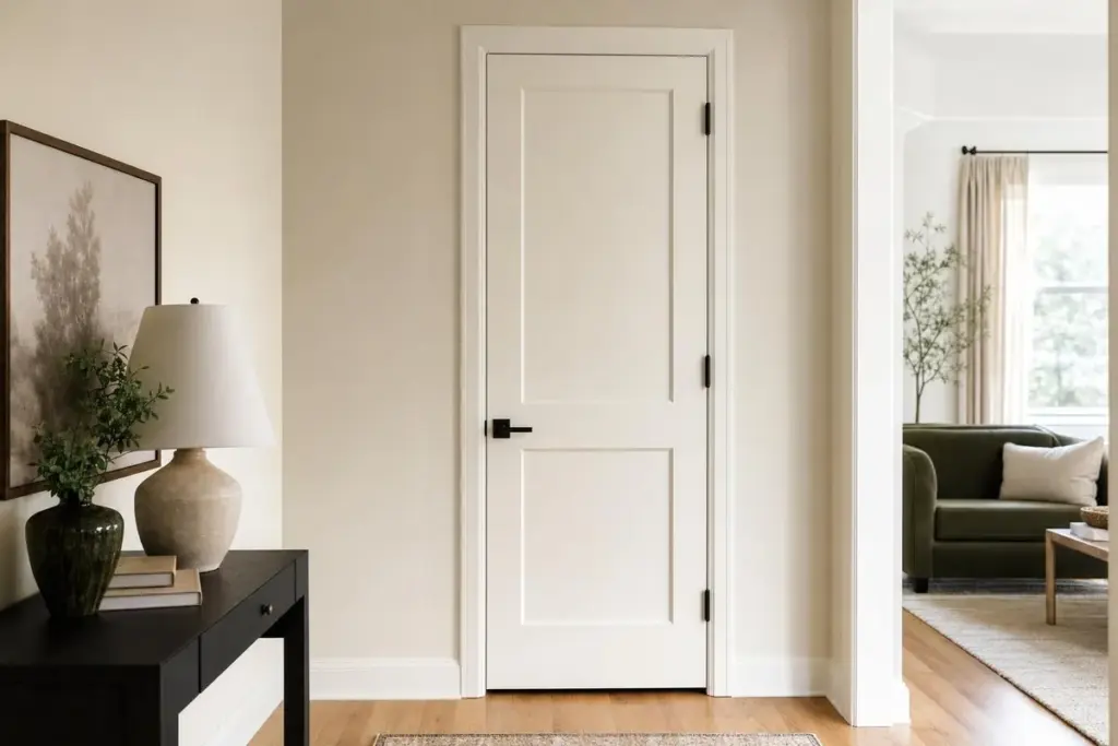 An interior door with a new black lever handle in a white hallway