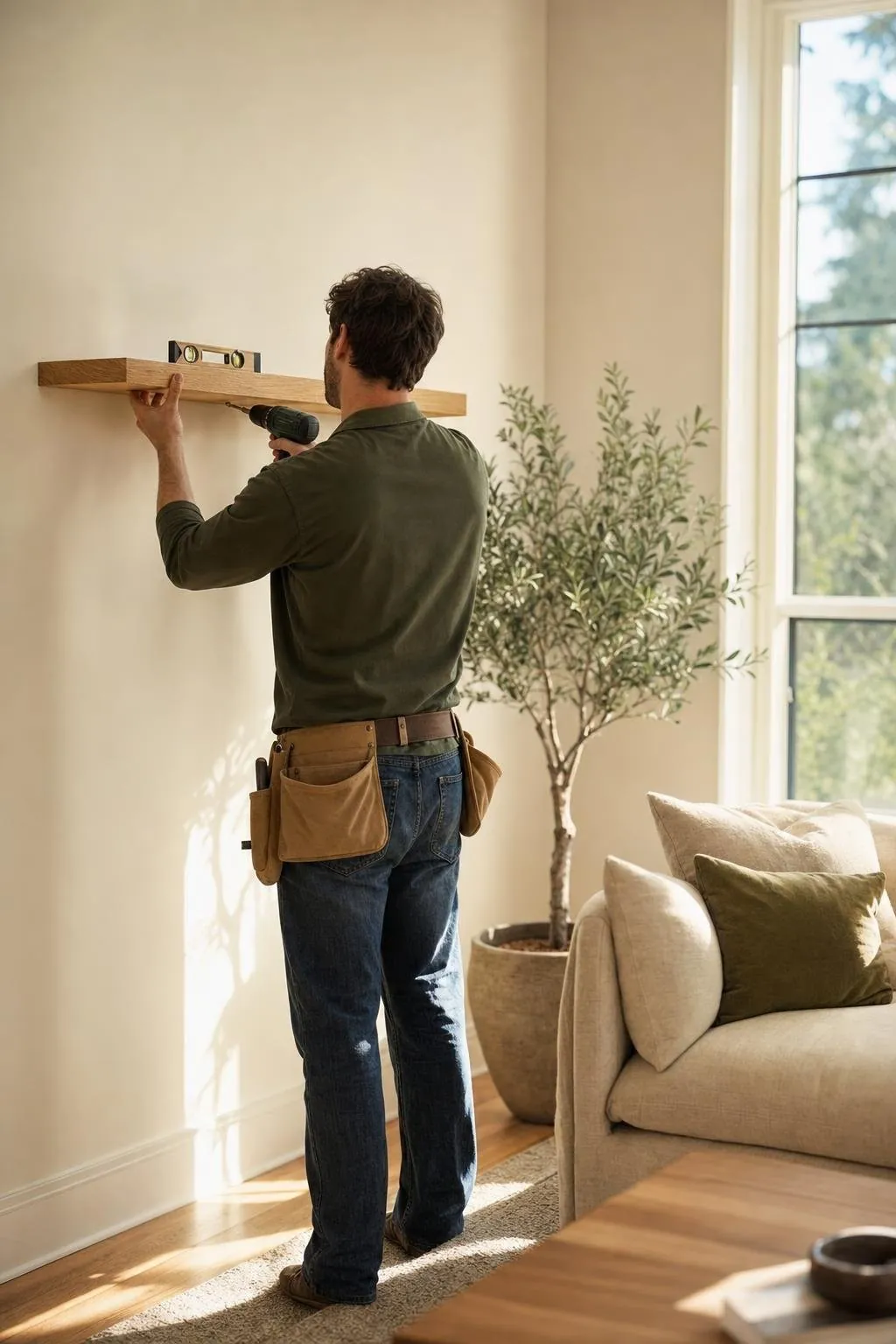 A handyman mounting an oak shelf in a sunlit living room