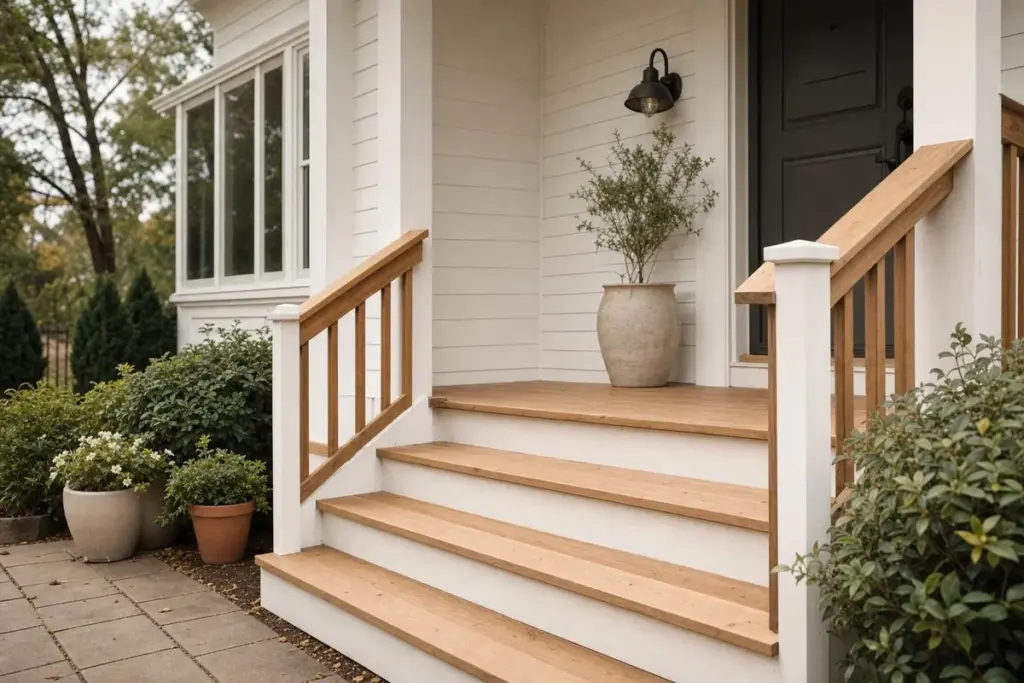Front porch steps rebuilt with new cedar boards