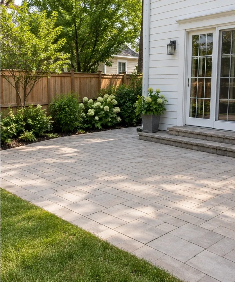 After: the same patio cleared and swept, the hot tub gone.
