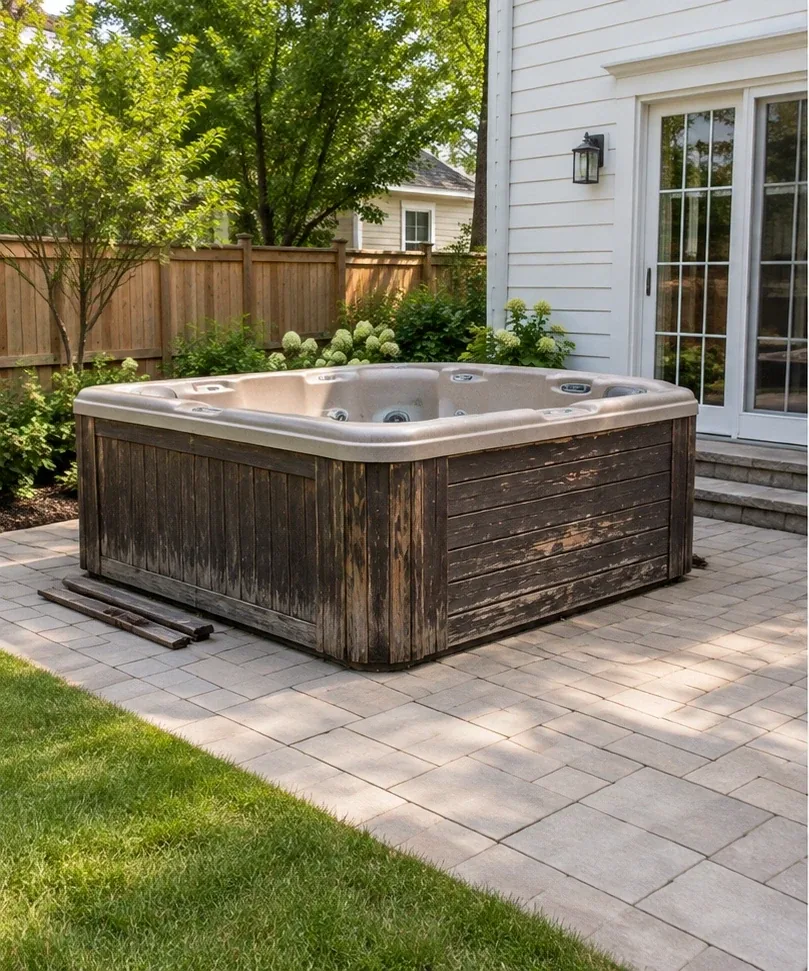 Before: an old wooden hot tub on a backyard patio.
