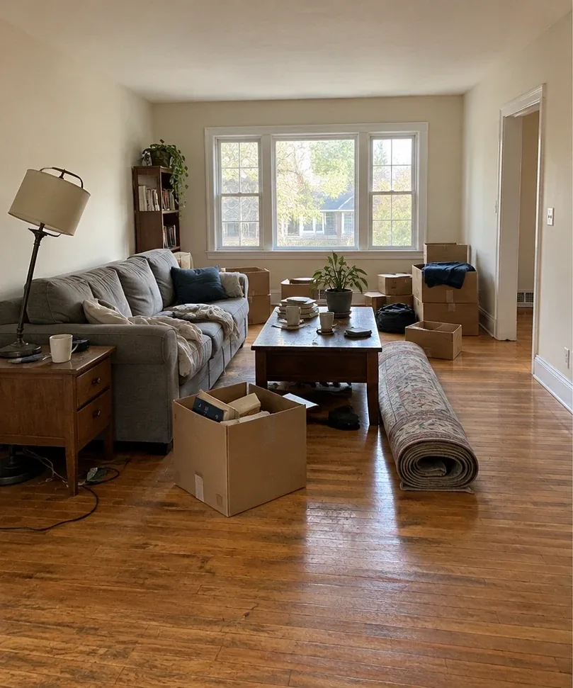 Before: a cluttered living room with an old sofa, lamp and boxes.