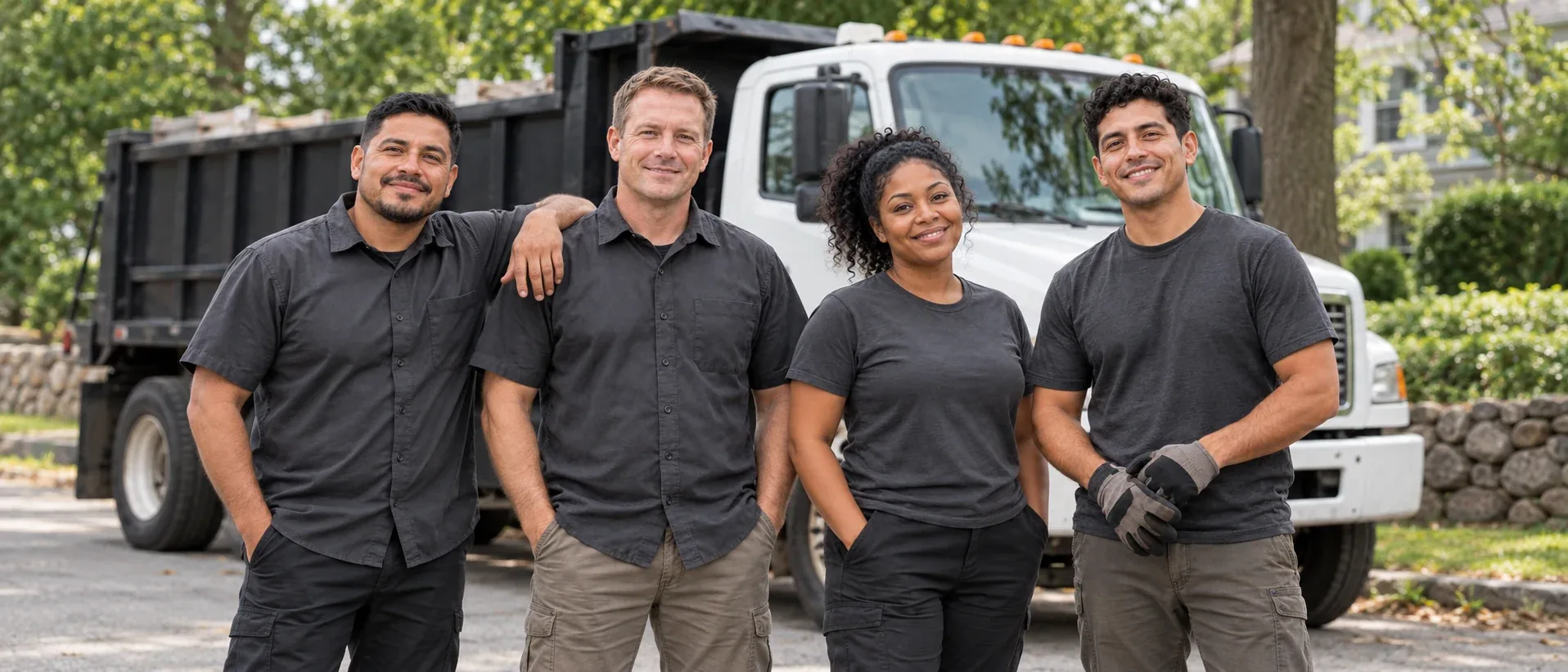 The Loftaway crew standing together beside an unbranded truck on a residential street.