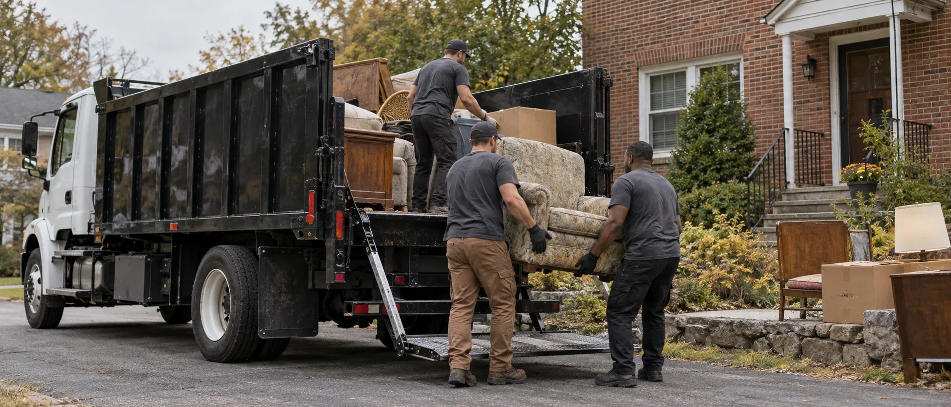 A junk removal crew loading furniture into an unbranded truck outside a home.