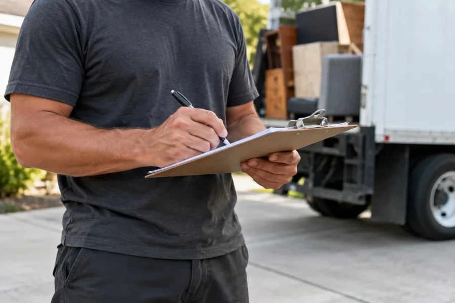 A junk removal professional writing an on-site estimate on a clipboard beside an unbranded truck.